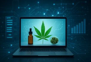 Close-up of a laptop displaying cannabis products including oil and flower against a tech background