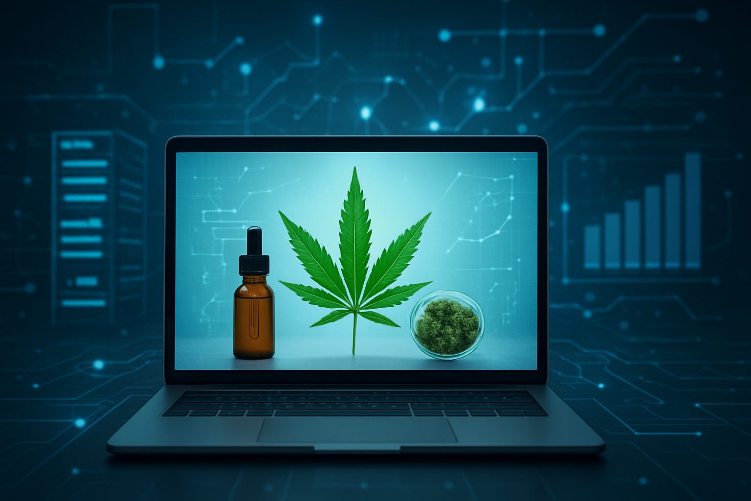 Close-up of a laptop displaying cannabis products including oil and flower against a tech background